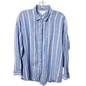 J. Jill Love Linen Blue White Stripe Button Front Shirt Blouse Tunic Womens Sz S